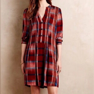 anthropologie plaid dress 11.1.TYLHO size medium long sleeve swing vneck Aztec